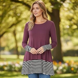 NEW•Peace By Piece Berry Stripe Accented Flowy Top- XL